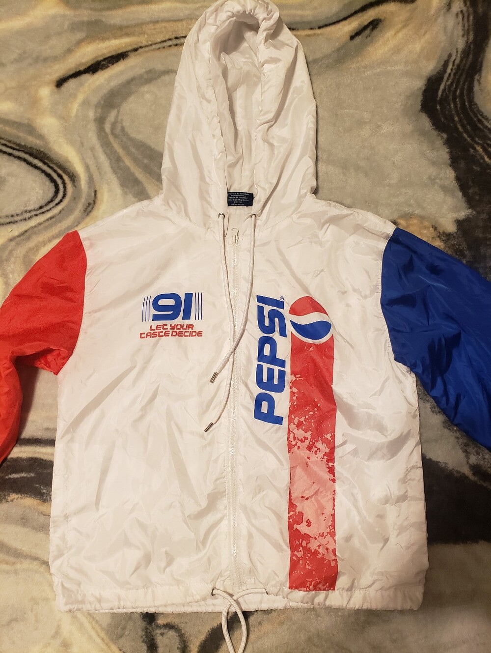 Pepsi White Hooded Windbreaker with Red & Blue Accents S